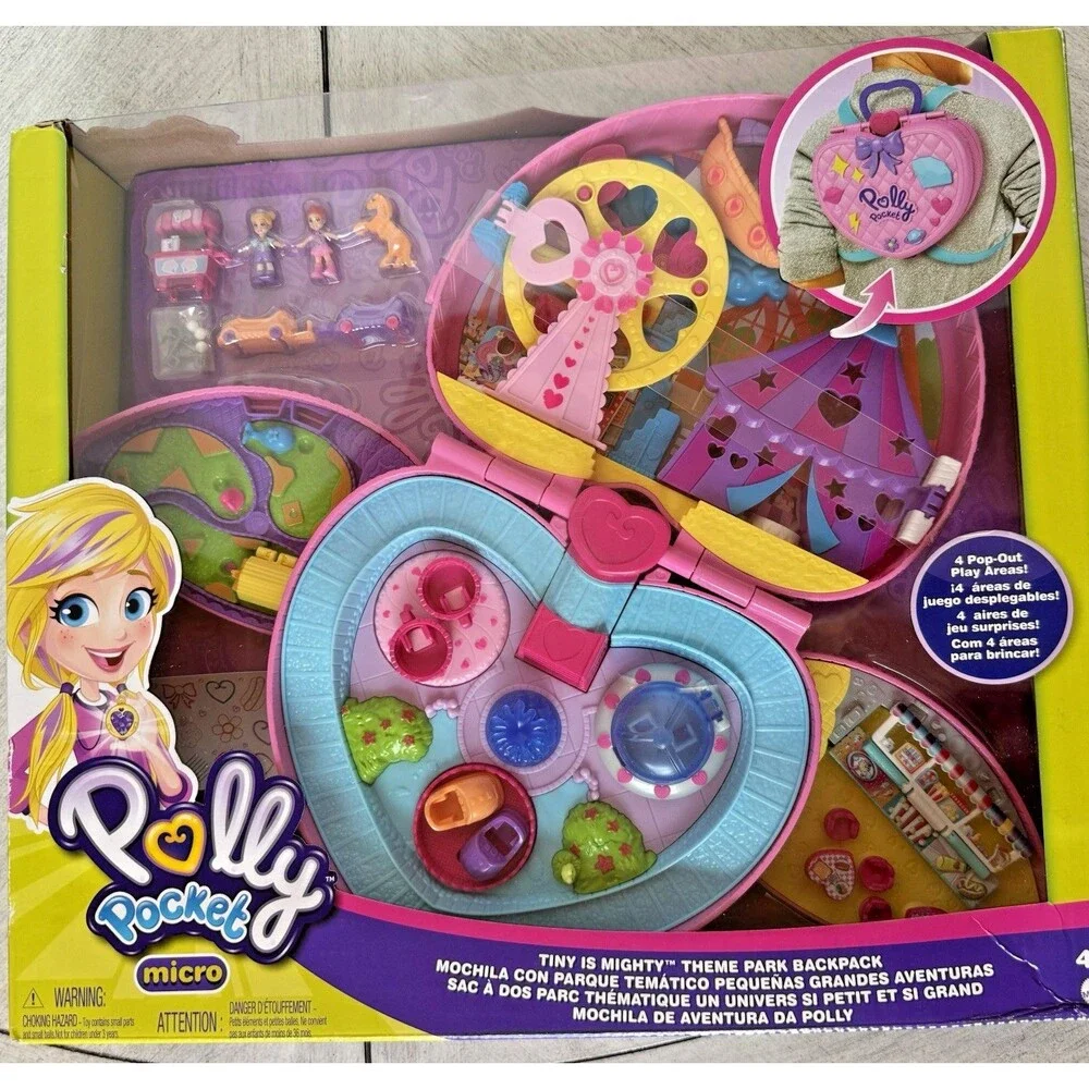 Polly Pocket 2-in-1 Theme Park Backpack Compact 2 Dolls Ice Cream Cart Toy New